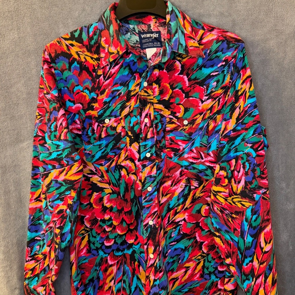 VTG Wrangler Western Shirt Absract Feather Cowboy Cut Mens M Multi Color
